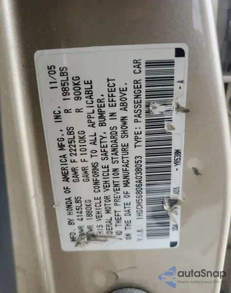 2006 Honda Accord Ex from USA, damaged, VIN 1HGCM56806A038053